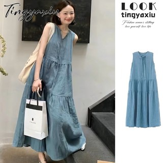 Tingyaxiu Váy vest denim nữ cổ tròn không tay có dây buộc lưng