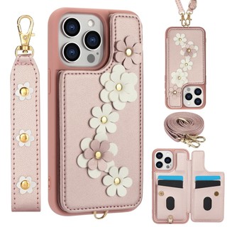Có Thể Tháo Rời Đeo Ngang Dây Khe Cắm Thẻ Hoa Da Cho iPhone 16 16e 15 14 13 12 11 Pro Max XS Max Có Dây Đeo Cổ Tay Bao