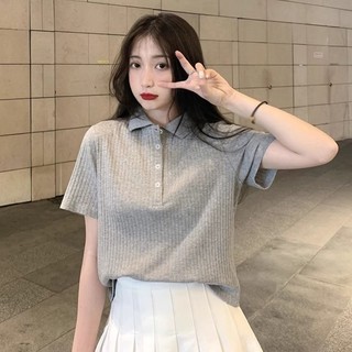 Áo thun Cotton cổ Polo tay ngắn màu trơn phong cách ngắn đa năng mùa hè