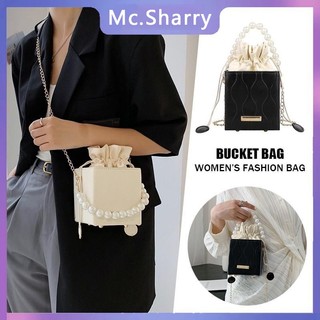 Túi đeo chéo dây chuyền ngọc trai vuông Mini dành cho nữ, Túi xách đeo vai bằng da PU dây rút, Túi xô du lịch mùa hè thời trang