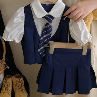  Bộ đồ phong cách Preppy dành cho bé gái Mùa hè Áo ngắn tay thời trang Váy xếp ly jk Bộ đồ hai mảnh