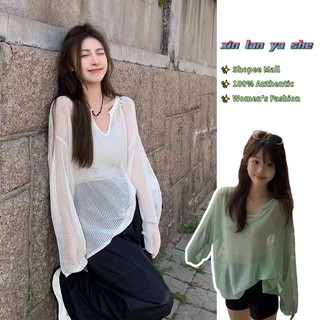 Xin LAN YA SHE Áo thun nữ mới cổ chữ V rỗng dài tay dáng rộng áo mỏng