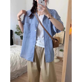 Áo sơ mi ngắn tay màu trơn dáng rộng Hàn Quốc, áo sơ mi nữ tay ngắn màu xanh