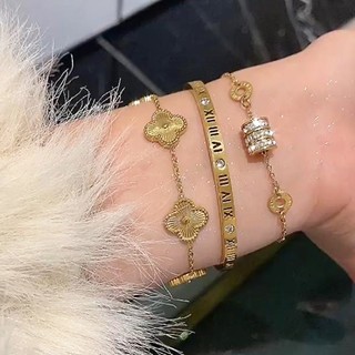 Vòng tay kỹ thuật số La Mã rỗng bằng thép titan xếp chồng lên nhau 18K sang trọng ins vòng tròn nhỏ hợp thời trang và đa năng, Gelang wanita, vòng tay cỏ bốn lá thích hợp và không phai màu