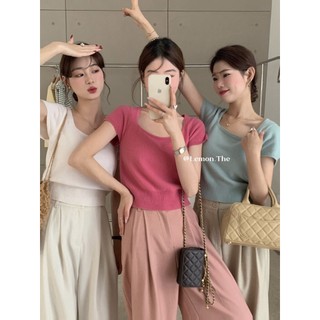 QKOOLE Áo thun ngắn tay dệt kim cổ vuông màu trơn mùa hè phong cách Hàn Quốc mới