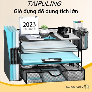 TAIPULING giá đựng hồ sơ，giá đựng đồ để bàn，7 ngăn, thích hợp để văn phòng, giá đựng hồ sơ + kệ 3 tầng + ngăn kéo + hộp đựng bút