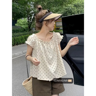 kumikumi Thời trang nữ ngọt ngào chấm bi dáng rộng áo sơ mi ngắn tay mùa hè mới lệch vai xương đòn
