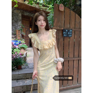 kumikumi Váy hoa cổ vuông thời trang dành cho nữ váy dài phong cách kỳ nghỉ hè
