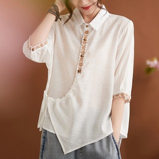 Áo Sơ Mi Nữ Vải Lanh Cotton Nữ Tay Năm Điểm Top Tee Rời Áo M-XXL