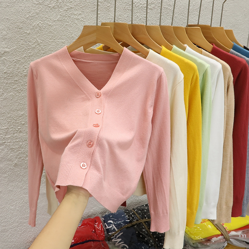 YAYUAN Ngắn đan cardigan nữ V cổ dài tay áo màu hồng | BigBuy360 - bigbuy360.vn