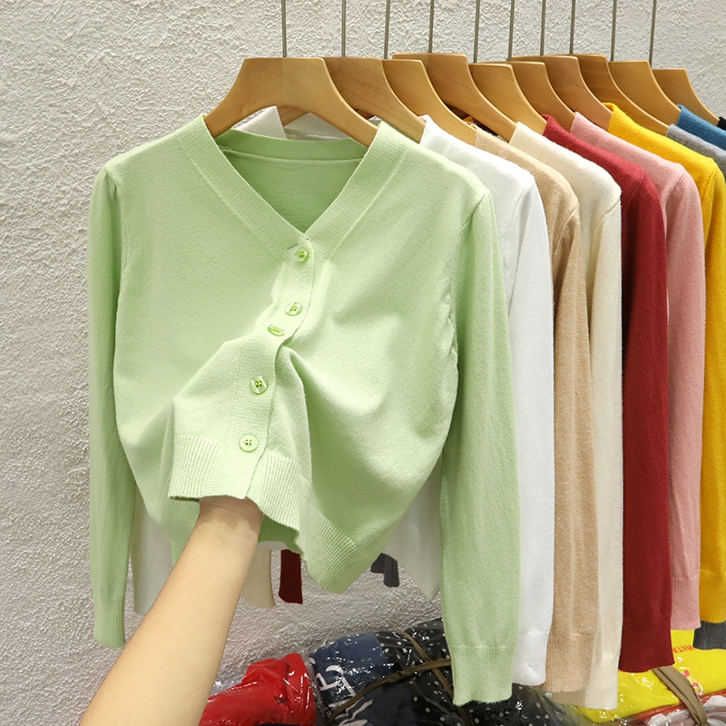 YAYUAN Ngắn đan cardigan nữ V cổ dài tay áo màu hồng | BigBuy360 - bigbuy360.vn