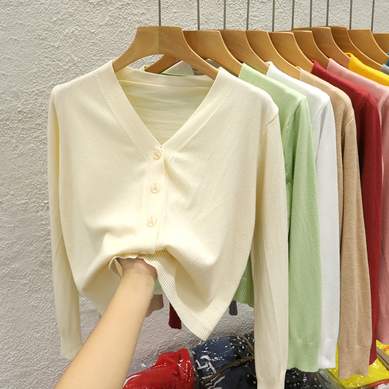 YAYUAN Ngắn đan cardigan nữ V cổ dài tay áo màu hồng | BigBuy360 - bigbuy360.vn