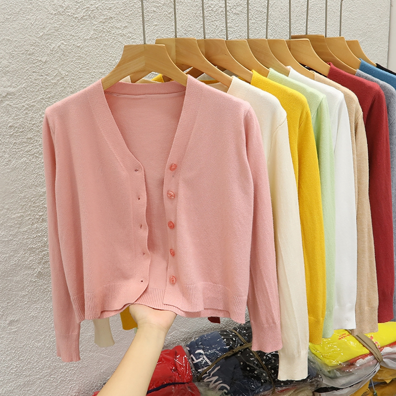 YAYUAN Ngắn đan cardigan nữ V cổ dài tay áo màu hồng | BigBuy360 - bigbuy360.vn
