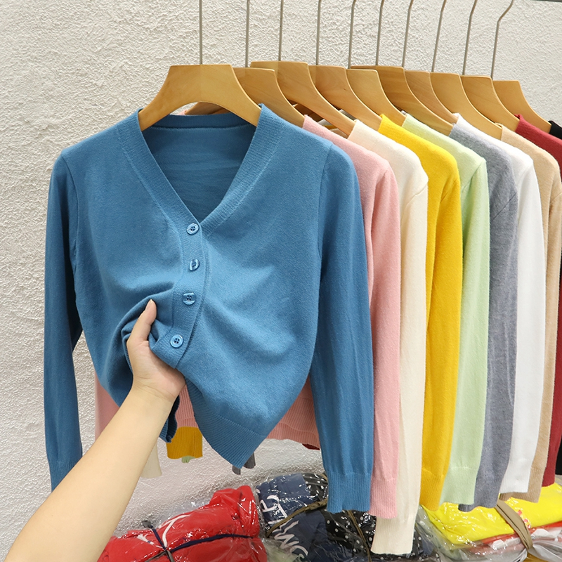 YAYUAN Ngắn đan cardigan nữ V cổ dài tay áo màu hồng | BigBuy360 - bigbuy360.vn