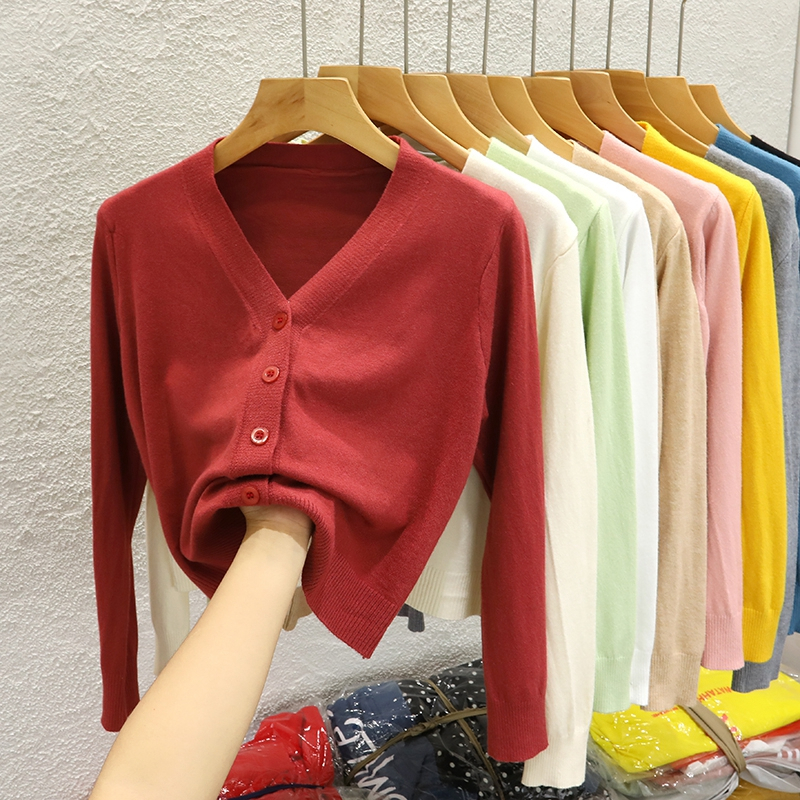 YAYUAN Ngắn đan cardigan nữ V cổ dài tay áo màu hồng | BigBuy360 - bigbuy360.vn