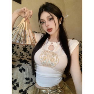 Áo thun không tay rỗng thêu Trung Quốc mới cổ điển dành cho nữ thiết kế vừa vặn mùa hè, áo đen nhỏ và mỏng