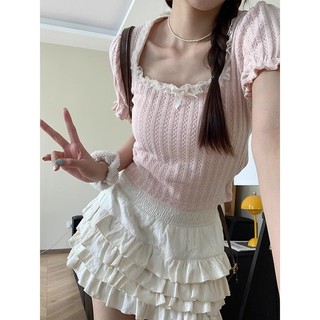 QADCOL Áo thun ngắn tay ren cổ bên ngọt ngào và cay nữ mùa hè múa ba lê gió nhẹ nhàng ngọt ngào và cay bong bóng tay áo ngắn