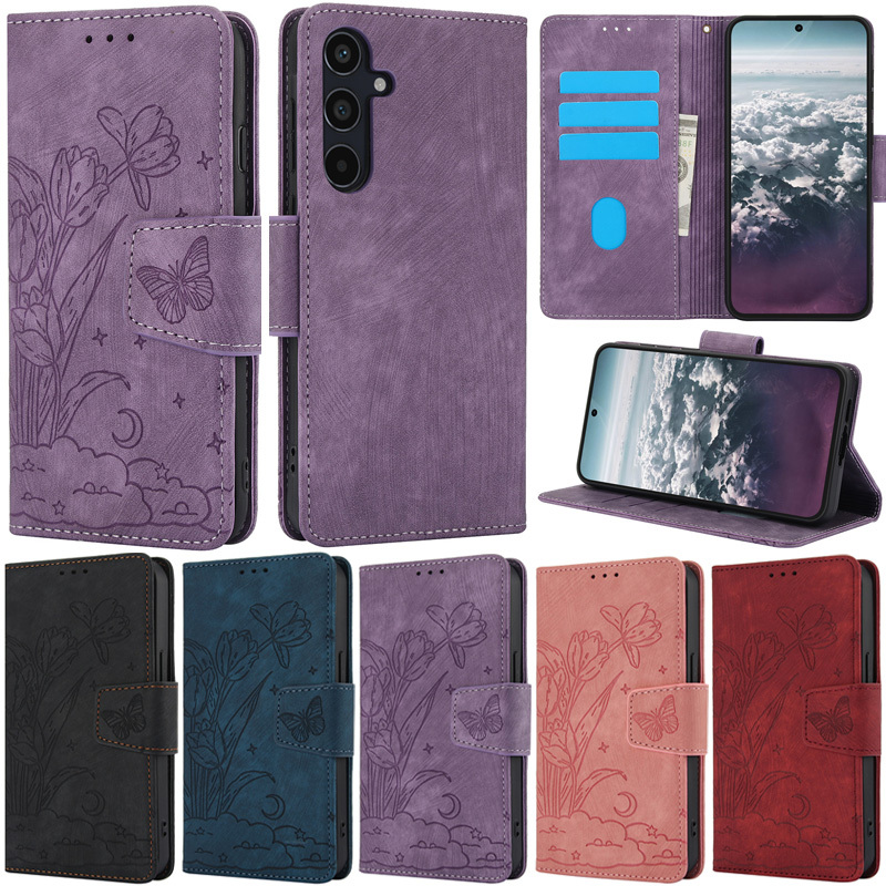 Ốp Lưng Retro Cho Samsung Galaxy A35 A55 A15 A14 A54 A34 A24 A25 A53 A73 A33 A23 A13 A12 A52 A72 A05S A04S M13 M23 F23 Ví Hoa Bướm Mềm Da PU Flip Stand Cover