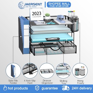 JAERSENT giá đựng hồ sơ，7 ngăn, thích hợp để văn phòng, giá đựng hồ sơ + kệ 3 tầng + ngăn kéo + hộp đựng bút，giá đựng đồ để bàn