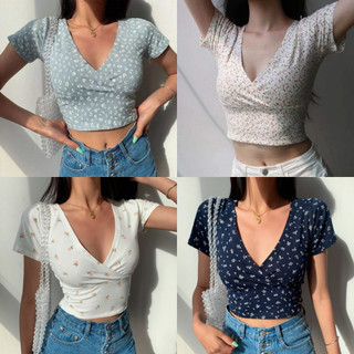 Áo thun ngắn tay cắt tỉa nữ Mỹ cổ chữ v cổ chữ v Slim-Fit Áo ngắn