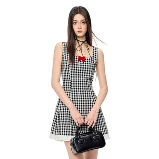 Đầm đeo chéo thời trang giản dị kiểu Pháp dành cho nữ Slim-fit eo hẹp Thiết kế nguyên bản Nơ đỏ Đen Trắng Kẻ sọc hai lớp Váy chữ A không tay