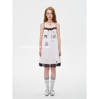 Honypove Mỹ Retro Không Tay Rời Tính Khí Sling Dress Nữ Ren Khâu Mỏng Hơn Nhìn Sling Dress