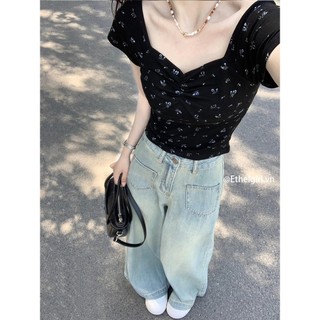 Ethelgirl phiên bản Hàn Quốc cổ điển hoa chữ V xếp ly áo thun ngắn tay quần áo nữ thon gọn