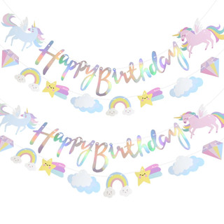 Băng rôn giấy gắn thẻ in chữ Happy Birthday và hình kì lân
