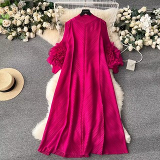 Phong Cách Hàn Quốc Nữ Hoa Dài Tay Voan Rời Xếp Ly Xoay Maxi Đầm Dự Tiệc Dài Hàng Có Sẵn