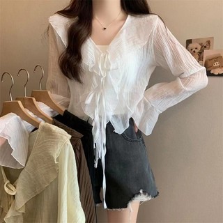 Phong Cách Hàn Quốc Nữ Voan Dài Tay Áo Sơ Mi Ruffle Baju Wanita Lengan Panjang Hàng Mới Sẵn Có