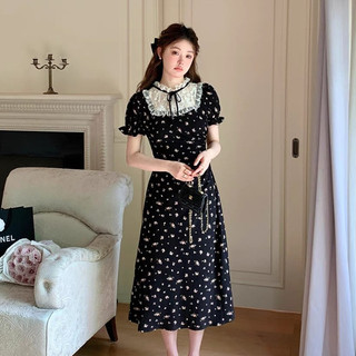 Đảng Pháp Đảng Đầm Hoa Gợi Cảm Nữ Ôm Cổ Tròn Cổ Tròn Ngắn Tay Ren Khâu In Hình Voan Chữ A