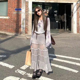 Xu hướng thời trang giản dị kiểu Pháp Váy dài màu xám dành cho nữ Slim-fit cổ tròn eo hẹp dài tay họa tiết nhòe in hình tương phản Stit