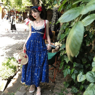 Du Lịch Pháp Giải Trí Kỳ Nghỉ Hoa Xanh Đầm Sling Nữ Slim-fit Nẹp Eo Khâu Ren Dây In Hình Không Tay Giữa Chiều Dài A @