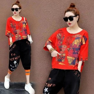 2 Chiếc Quần Áo Nữ Bộ Cá Nhân Mặc Nữ Tay Ngắn Rời Cổ Tròn Tròn Áo Thun Nữ Và Hậu Cung Quần Dài Cao Cấp Quần Short Thẳng #1037
