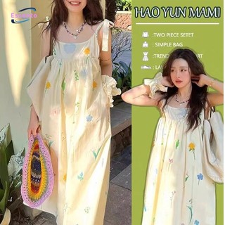 Essento Phong cách mới dành cho nữ ngọt ngào treo váy in họa tiết thời trang tươi mát phong cách váy dài