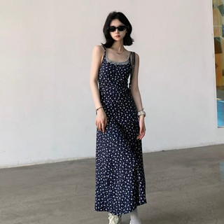 Phiên Bản Hàn Quốc Giải Trí Du Lịch Kỳ Nghỉ Hoa Sling Đầm Dài Slim-fit Hẹp Co Giãn Hoa Dài Vừa Vặn Không Tay A @