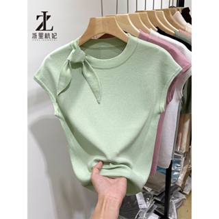 ZHELIHANGFEI Áo thun dệt kim ngắn tay cổ tròn có dây buộc cho nữ Slim-Top