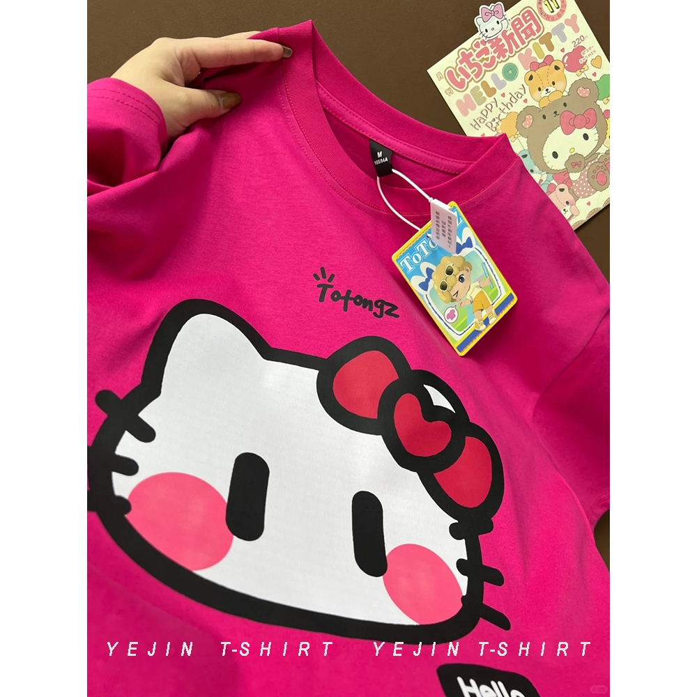 YEJIN Áo thun Hàn Quốc 100% cotton Vintage Hoa Hồng Đỏ Hello Kitty In hoạt hình bigsize ulzzang phong cách áo phông ngắn tay unisex