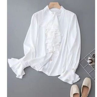 Phong Cách Hàn Quốc Nữ Nữ Rời Ruffle Áo Sơ Mi Tay Dài Áo Baju Baju Wanita Lengan Panjang