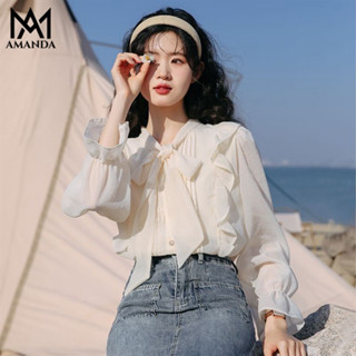 AMANDA Phụ nữ Pháp Bouffant tay áo sơ mi áo sơ mi tay phồng sơ mi tay phồng áo sơ mi nữ tay dài áo sơ mi nữ tay ngắn Áo sơ mi tay cộc cổ thắt nơ vải tơ cao cấp may 2 lớp phong cách sang trọng mùa hè áo sơ mi nữ áo sơ mi croptop sơ mi croptop áo sơ mi áo s