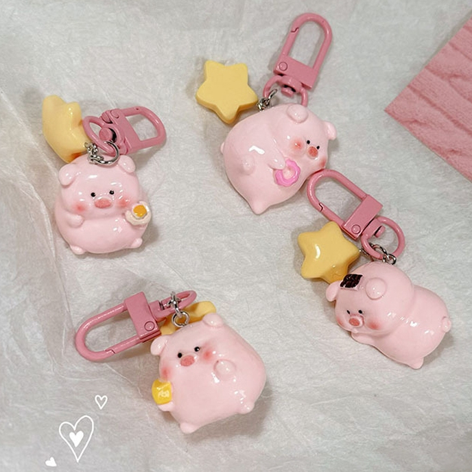 【CF】Ba Chiều Lợn Hồng Móc Khóa Mặt Dây Chuyền Động Vật Dễ Thương Khóa Ngôi Sao Móc Khóa Dễ Thương Chú Heo Nhỏ Mẫu Móc
