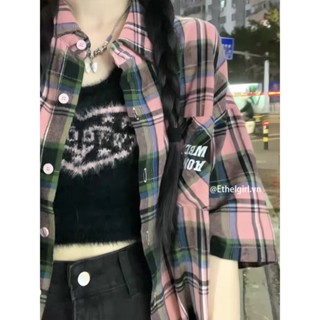 Ethelgirl Hàn Quốc Reto Hồng Ca Rô Áo Sơ Mi Tay Ngắn Nữ Quần Áo Rời Cổ Polo Top