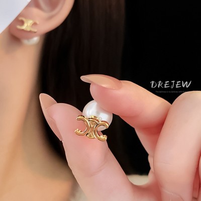 DREJEW Vàng 18K Kim Bạc 925 Một Bông Tai Ngọc Trai Chữ Hai Thời Trang niche Đa Năng Bông Tai Phong Cách Pháp