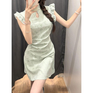 Đầm Nữ Trung Quốc Retro Xanh Bay Tay Sườn Xám Sinh Viên Mùa Hè Tính Khí Mới Hình Flattering Váy Ngắn