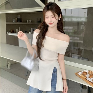 Nữ Top Mùa Hè Pháp Tính Khí Màu Trơn Một Cổ Vai Mỏng Thời Trang Chia Dệt Kim Tay Ngắn Áo Thun Top