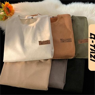 Q Tazi áo thun nam thun nam cổ tròn oversize nam da lộn áo thun cổ điển