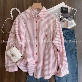 Phong Cách Hàn Quốc Nữ Nữ Sọc Rời Quá Khổ Baggy Áo Sơ Mi Tay Dài Baju Baju Wanita Lengan Panjang Hàng Mới Sẵn Có