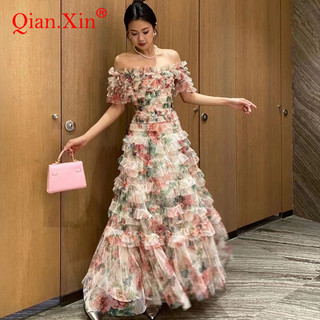 Pháp Retro Công Nghiệp Nặng Gạc Váy Dài Mùa Hè 2025 Cổ Phẳng Gợi Cảm Hoa Lớn Xoay Váy Kỳ Nghỉ