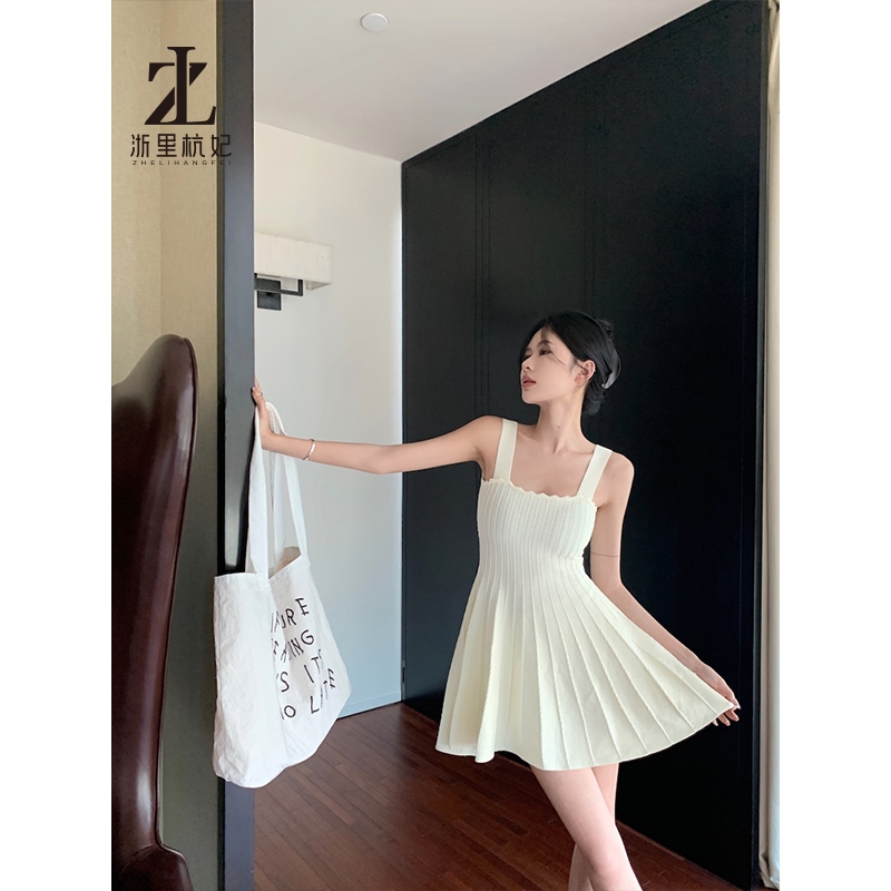 ZHELIHANGFEI Váy liền dệt kim Pure Desire Hot Girl Thiết Kế Cảm Giác Xếp Ly Sling Đầm Nữ Mùa Hè Slim-fit Váy Chữ A eo hẹp | BigBuy360 - bigbuy360.vn