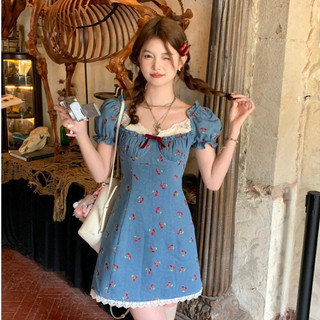 Phiên Bản Hàn Quốc Thời Trang Retro Đầm Denim Nữ Ôm Cổ Tròn Cổ Tròn Ngắn Tay Khâu